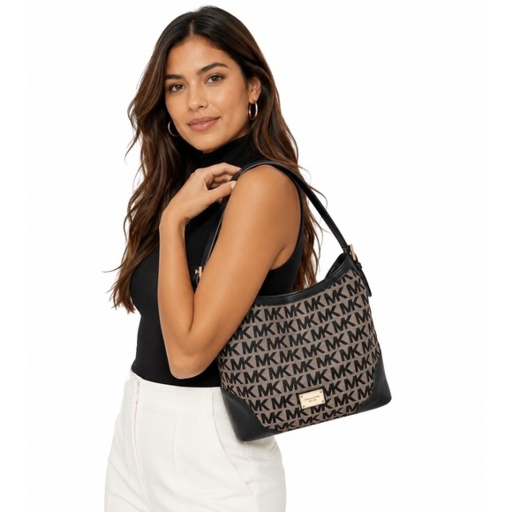 Michael Kors Monogram Canvas Hobo Bag‎ Black Leather Trim Beige MK Logo 38-02